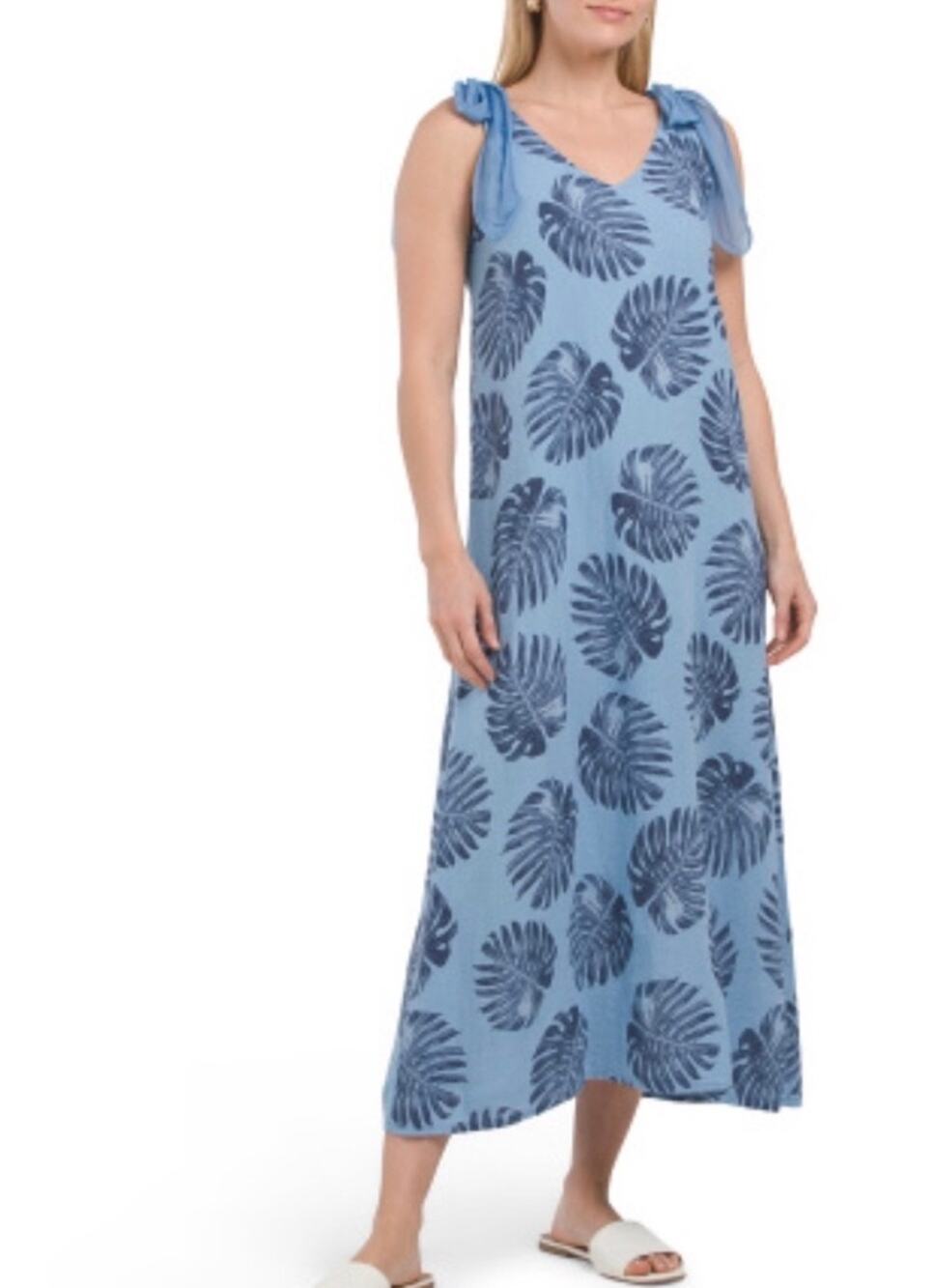 Cristina Vergani Blue Linen Palm Leaf Midi Dress Small Summer Vacation